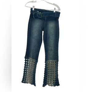 Y2K Womens Bonaire crochet Bell Bottom Jeans Size 30 With Turquoise Belt